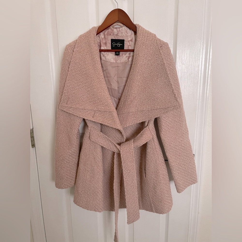 Gorgeous Jessica Simpson pink wool wrap peacoat w/ attached belt & gold buttons